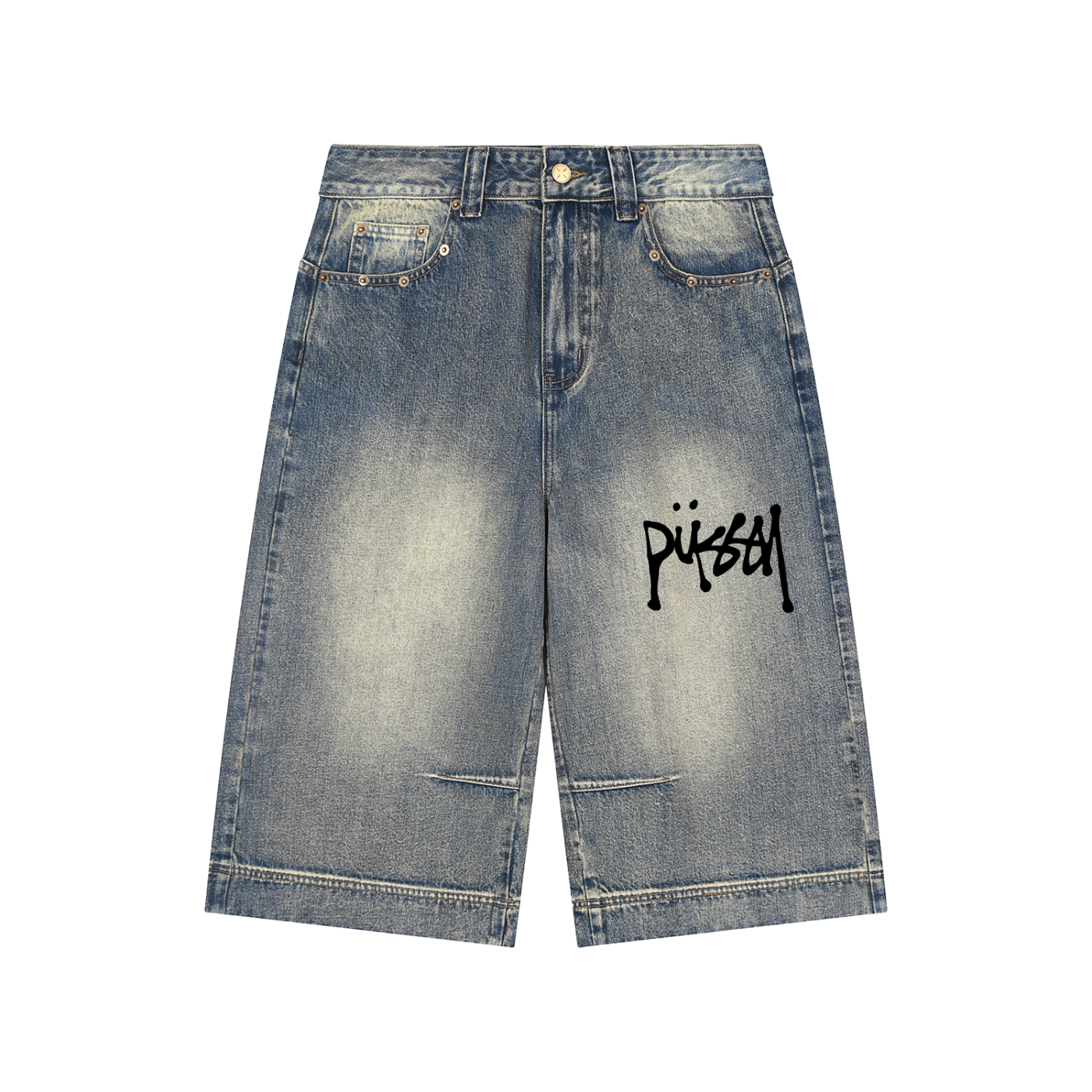Vintage Wash Baggy Denim Shorts "P***y"